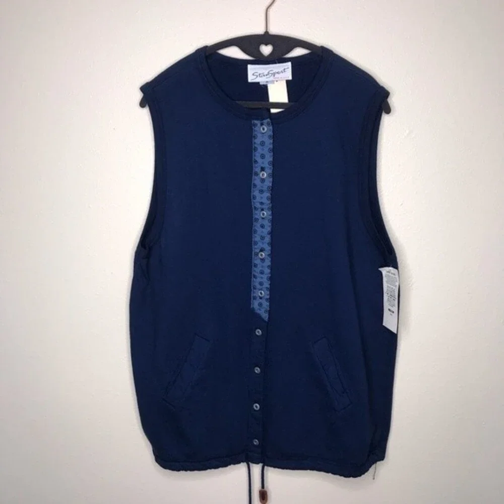 Vintage NWT Stan Sport Button Front Drawstring Bottom Navy Vest Women Medium